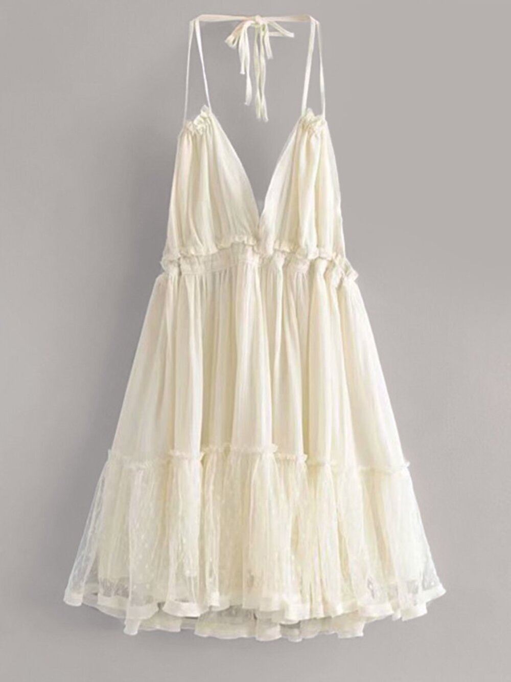 Beige Sexy Women's Dobby Mesh Self-Tie Ruffled Halter Dress
